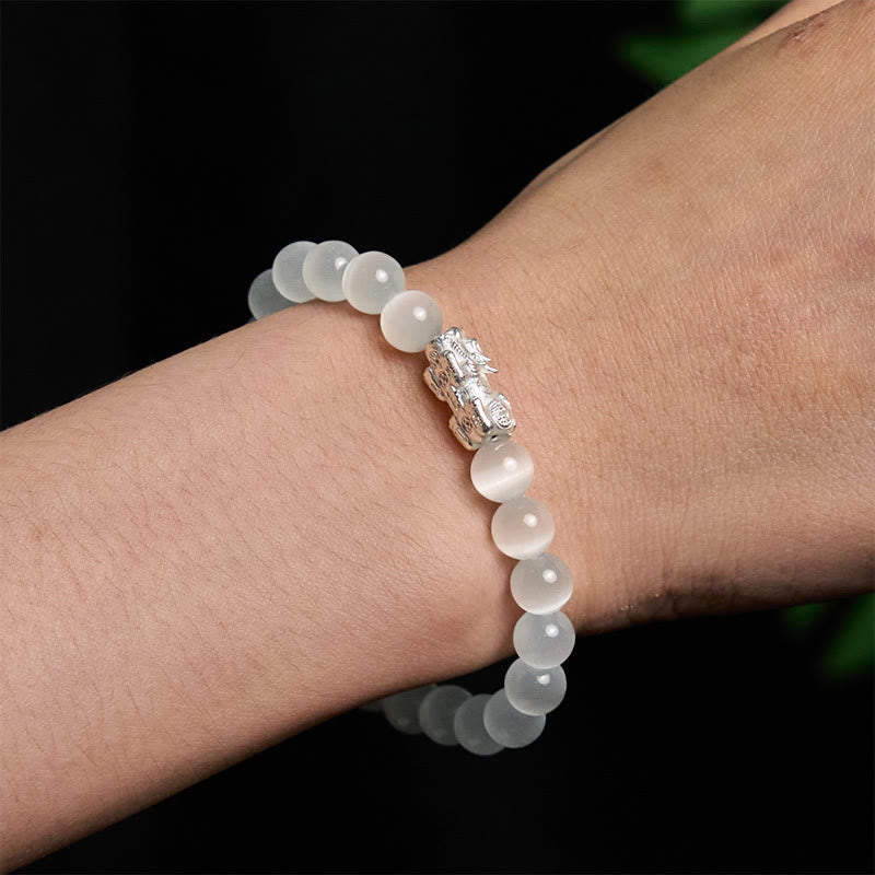 Natural Cat's Eye Beads & 990 Fine Silver Pixiu Symbol Bracelet