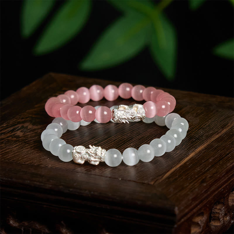 Natural Cat's Eye Beads & 990 Fine Silver Pixiu Symbol Bracelet