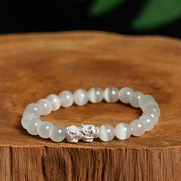 Natural Cat's Eye Beads & 990 Fine Silver Pixiu Symbol Bracelet