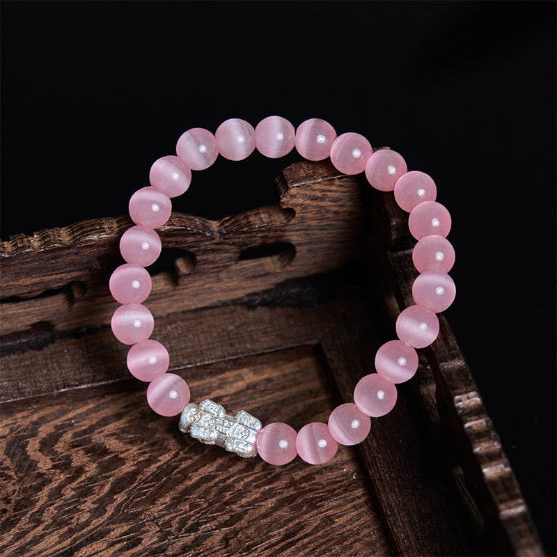 Natural Cat's Eye Beads & 990 Fine Silver Pixiu Symbol Bracelet