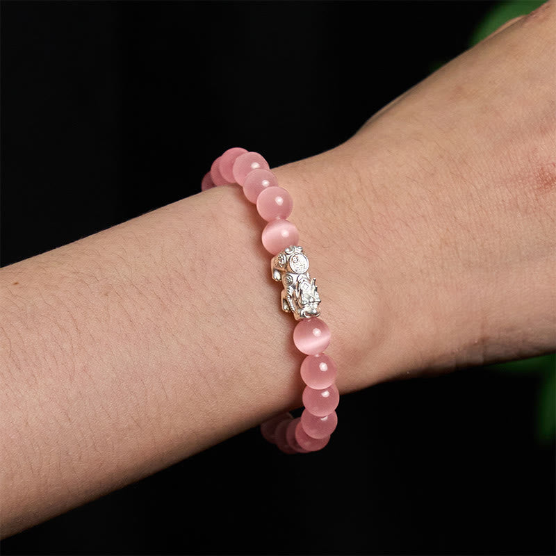 Natural Cat's Eye Beads & 990 Fine Silver Pixiu Symbol Bracelet