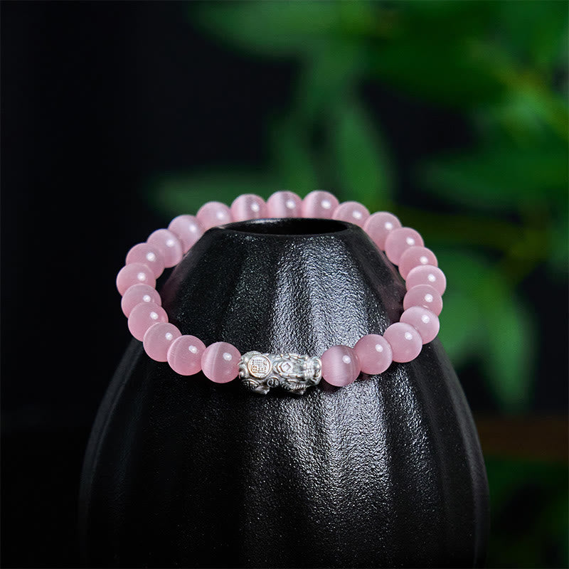 Natural Cat's Eye Beads & 990 Fine Silver Pixiu Symbol Bracelet