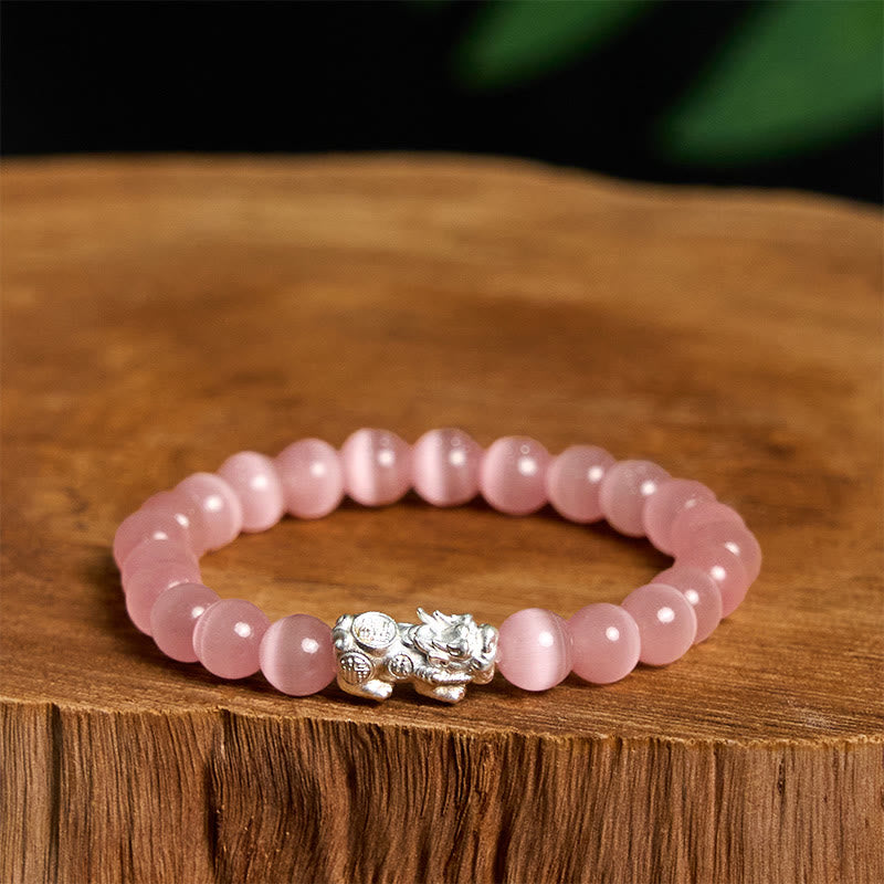 Natural Cat's Eye Beads & 990 Fine Silver Pixiu Symbol Bracelet