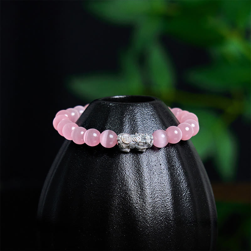 Natural Cat's Eye Beads & 990 Fine Silver Pixiu Symbol Bracelet