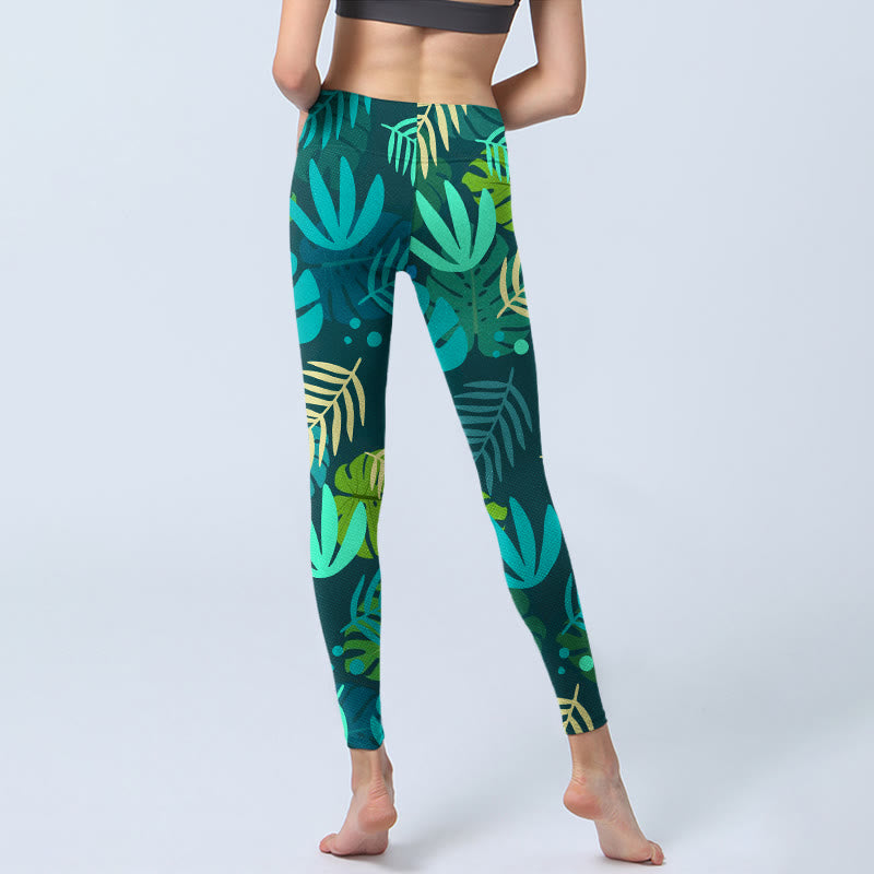 Various Shapes Of Leaves Pattern Print Gym Leggings Women's Yoga Pants
