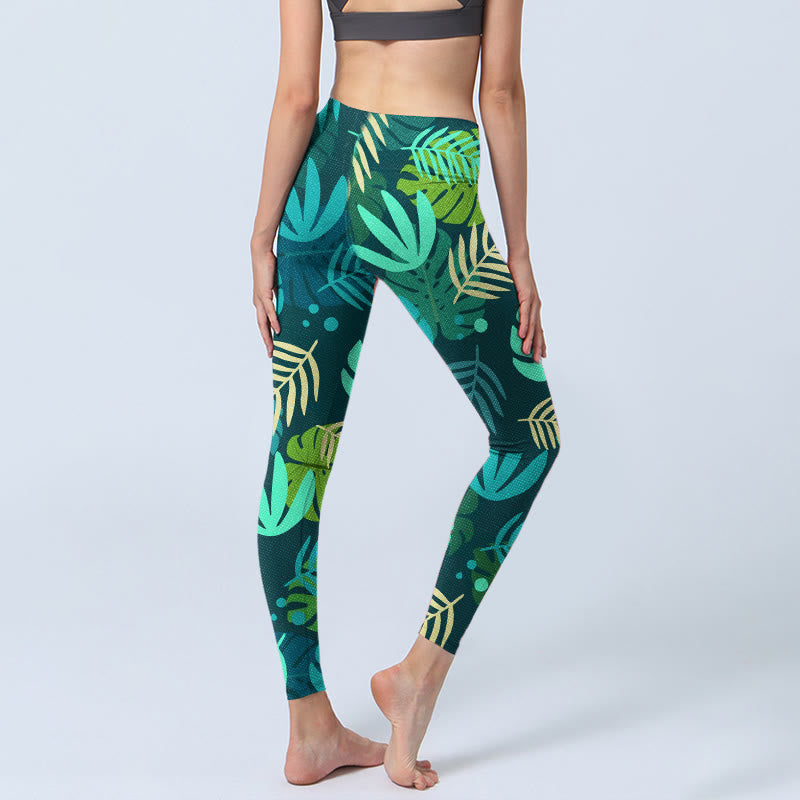 Various Shapes Of Leaves Pattern Print Gym Leggings Women's Yoga Pants