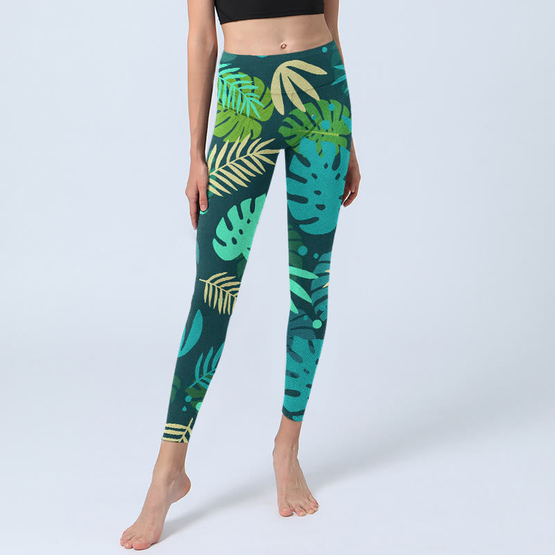 Various Shapes Of Leaves Pattern Print Gym Leggings Women's Yoga Pants