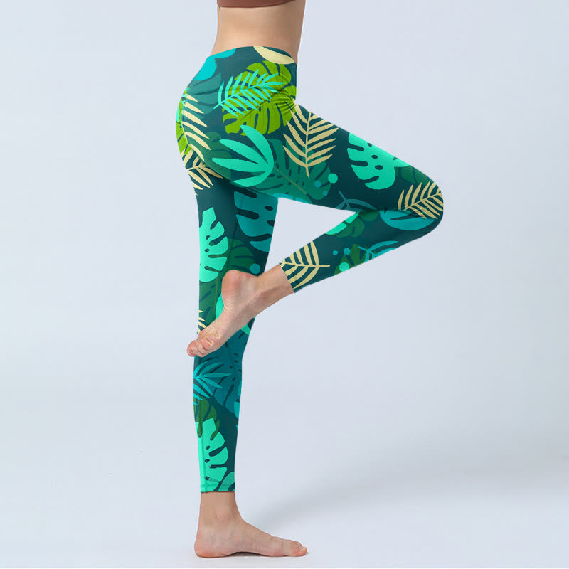 Various Shapes Of Leaves Pattern Print Gym Leggings Women's Yoga Pants