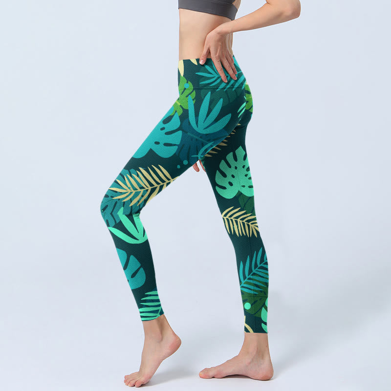 Various Shapes Of Leaves Pattern Print Gym Leggings Women's Yoga Pants