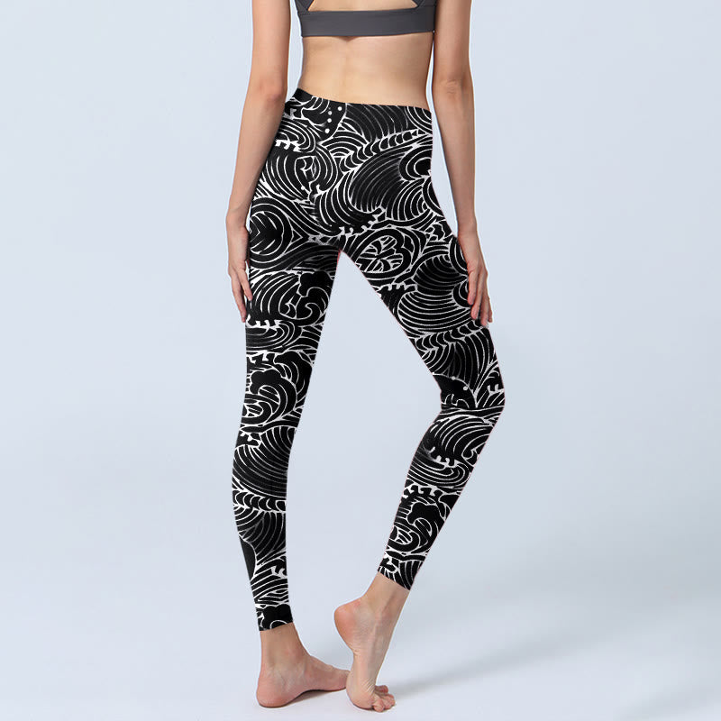 White Line Waves Pattern Print Gym Leggings Women's Yoga Pants