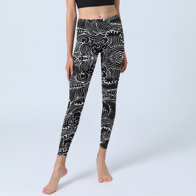White Line Waves Pattern Print Gym Leggings Women's Yoga Pants