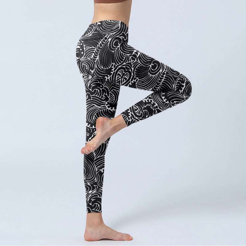 White Line Waves Pattern Print Gym Leggings Women's Yoga Pants