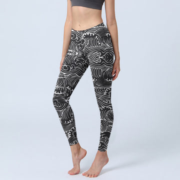 White Line Waves Pattern Print Gym Leggings Women's Yoga Pants