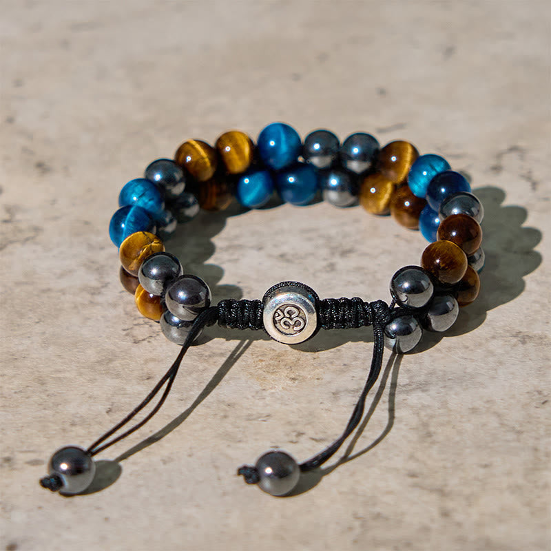 Natural Blue Tiger Eye and Magnetite Double Row Om Pattern Beaded Strength Bracelet
