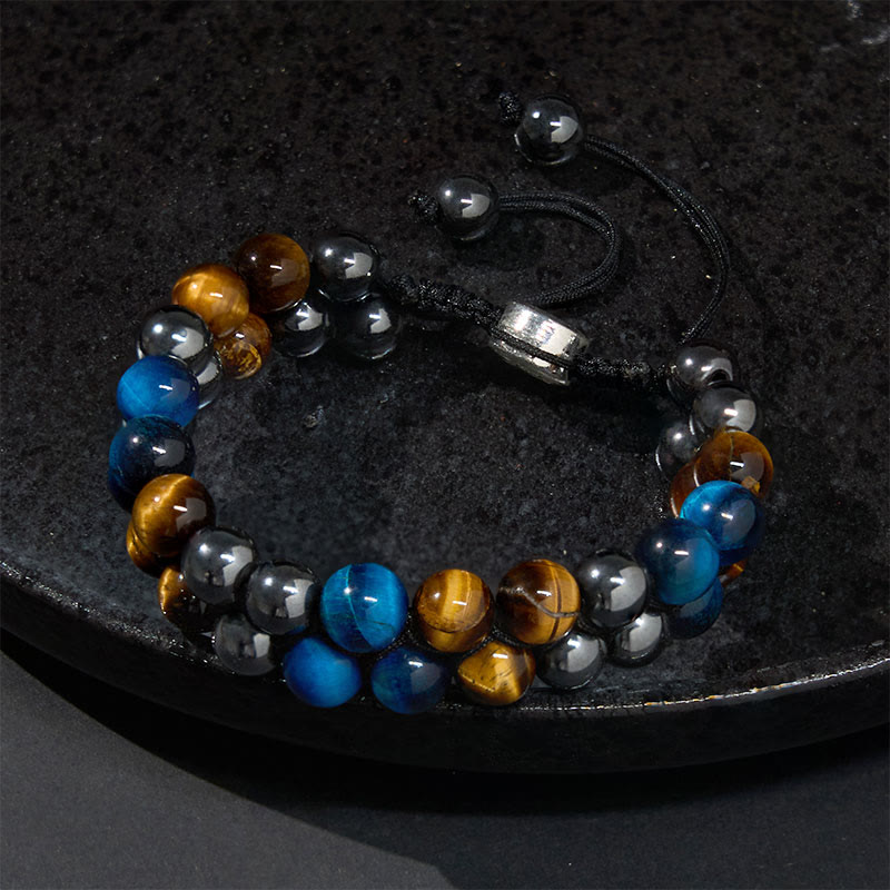 Natural Blue Tiger Eye and Magnetite Double Row Om Pattern Beaded Strength Bracelet