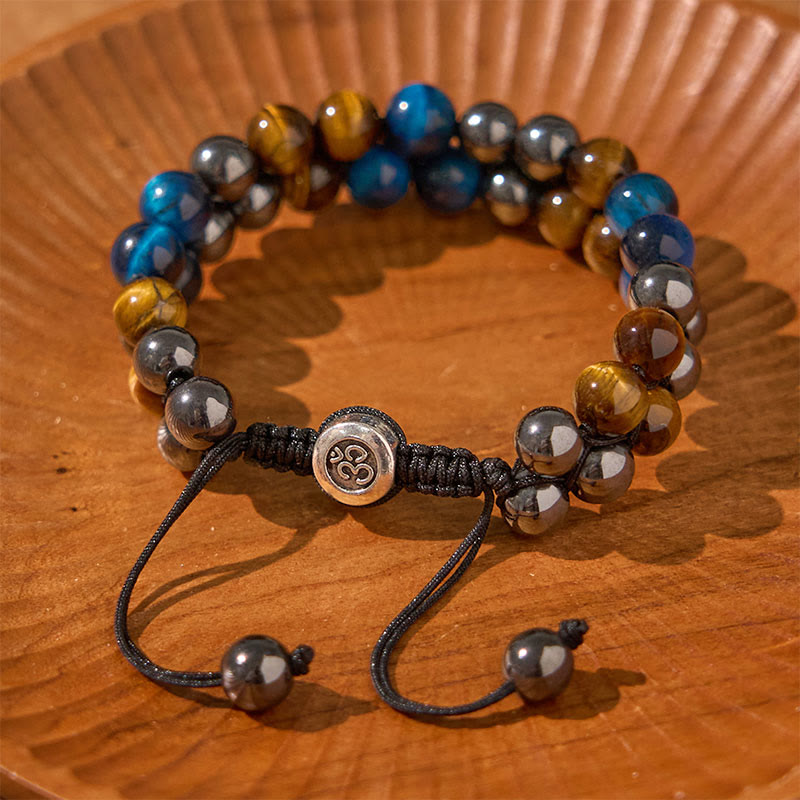 Natural Blue Tiger Eye and Magnetite Double Row Om Pattern Beaded Strength Bracelet