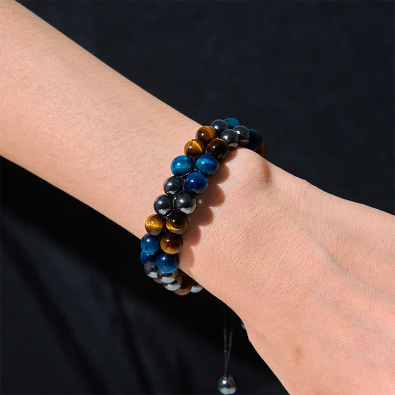 Natural Blue Tiger Eye and Magnetite Double Row Om Pattern Beaded Strength Bracelet