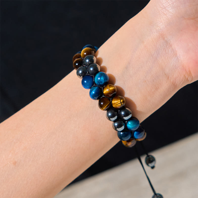 Natural Blue Tiger Eye and Magnetite Double Row Om Pattern Beaded Strength Bracelet