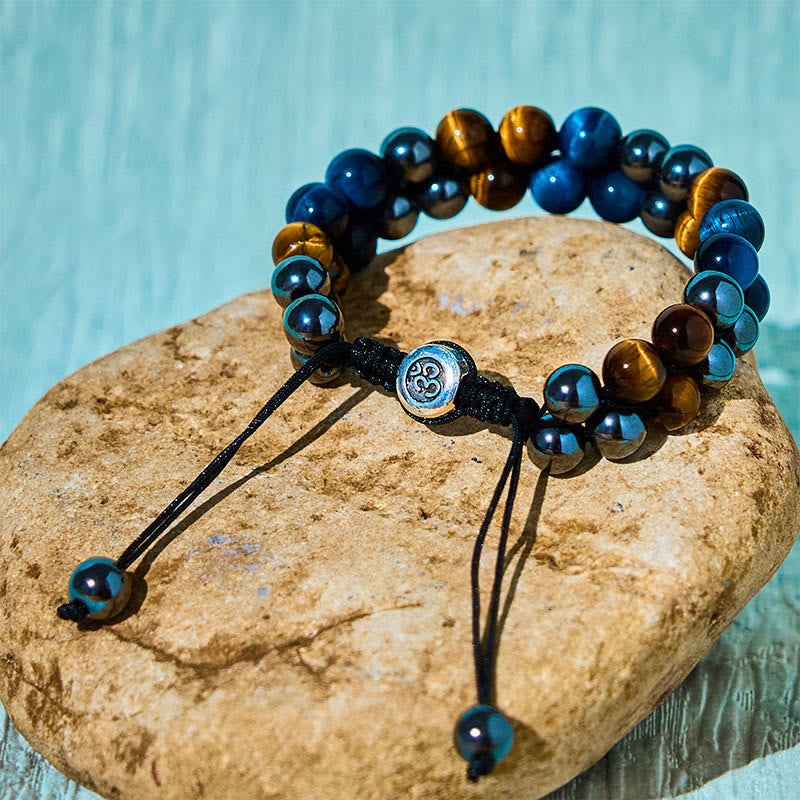 Natural Blue Tiger Eye and Magnetite Double Row Om Pattern Beaded Strength Bracelet
