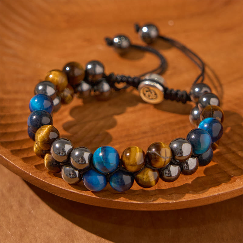 Natural Blue Tiger Eye and Magnetite Double Row Om Pattern Beaded Strength Bracelet