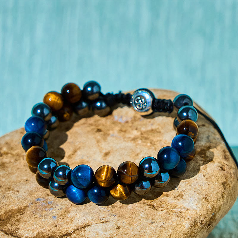 Natural Blue Tiger Eye and Magnetite Double Row Om Pattern Beaded Strength Bracelet
