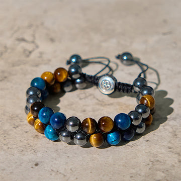 Natural Blue Tiger Eye and Magnetite Double Row Om Pattern Beaded Strength Bracelet