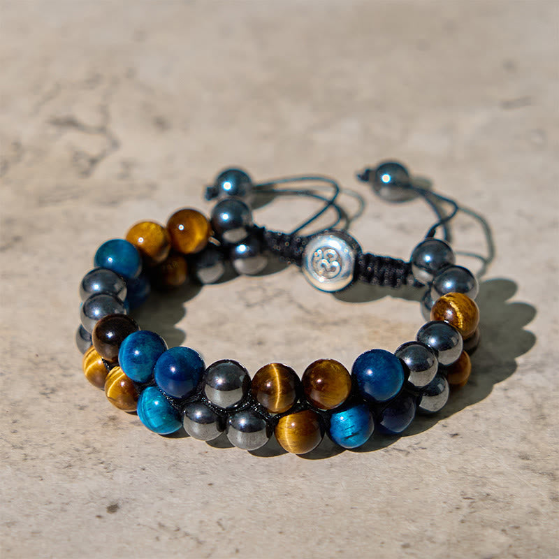 Natural Blue Tiger Eye and Magnetite Double Row Om Pattern Beaded Strength Bracelet
