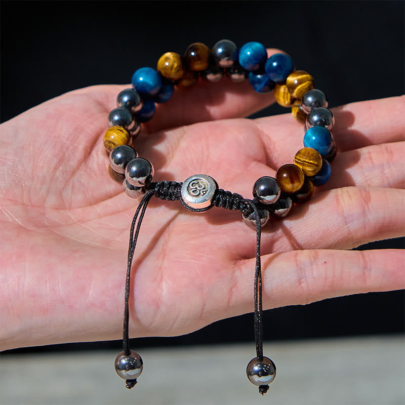 Natural Blue Tiger Eye and Magnetite Double Row Om Pattern Beaded Strength Bracelet