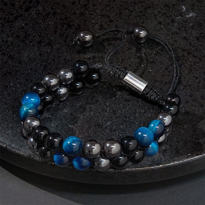 Natural Blue Tiger Eye, Black Magnetite & Black Obsidian Double Row Beaded Bracelet