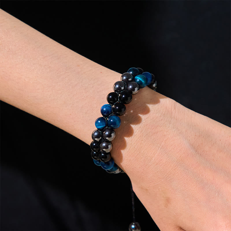 Natural Blue Tiger Eye, Black Magnetite & Black Obsidian Double Row Beaded Bracelet