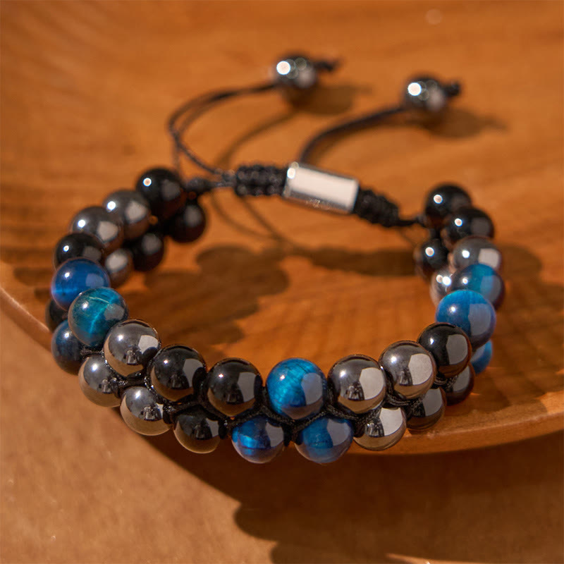 Natural Blue Tiger Eye, Black Magnetite & Black Obsidian Double Row Beaded Bracelet