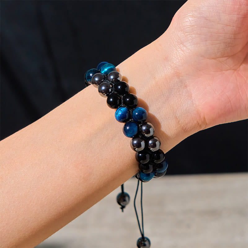 Natural Blue Tiger Eye, Black Magnetite & Black Obsidian Double Row Beaded Bracelet