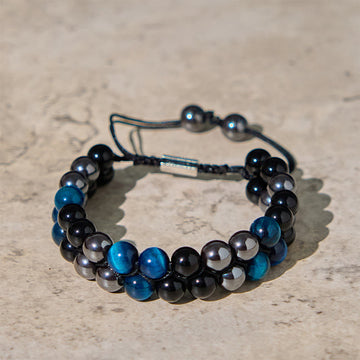 Natural Blue Tiger Eye, Black Magnetite & Black Obsidian Double Row Beaded Bracelet