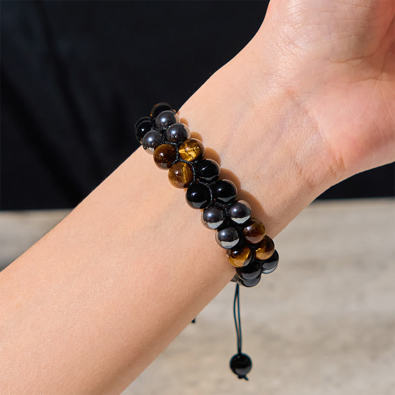Natural Tiger Eye Black Onyx & Magnetite Double Row Beaded Bracelet