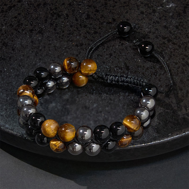 Natural Tiger Eye Black Onyx & Magnetite Double Row Beaded Bracelet