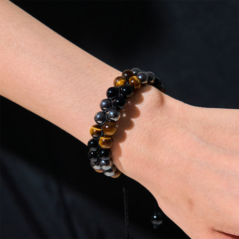 Natural Tiger Eye Black Onyx & Magnetite Double Row Beaded Bracelet