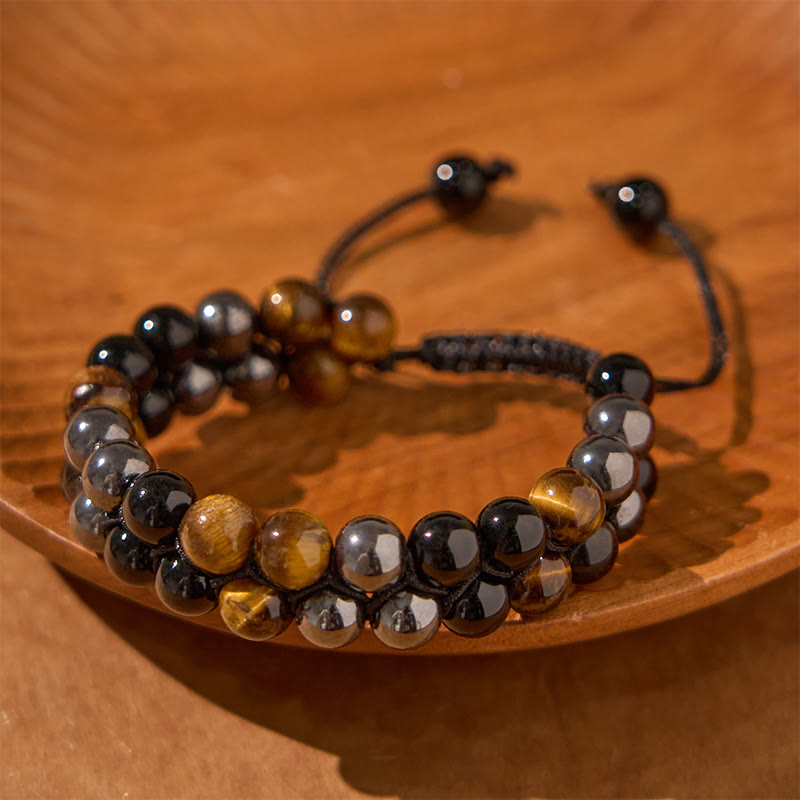 Natural Tiger Eye Black Onyx & Magnetite Double Row Beaded Bracelet