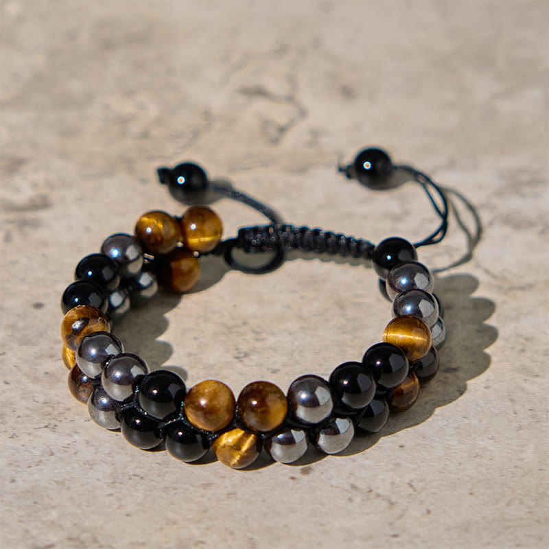 Natural Tiger Eye Black Onyx & Magnetite Double Row Beaded Bracelet