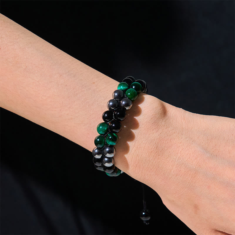 Natural Green Tiger Eye Black Magnetite Black Obsidian Double Row Beads Positive Bracelet