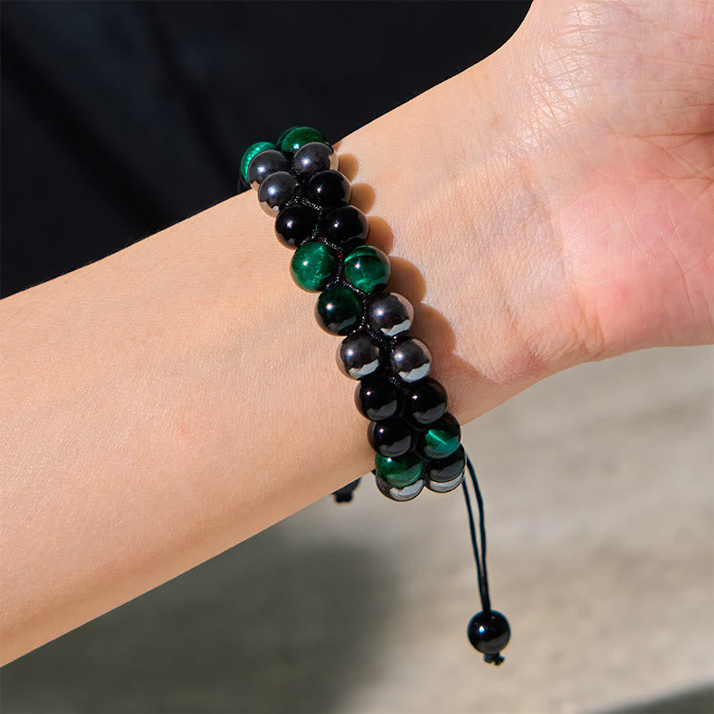 Natural Green Tiger Eye Black Magnetite Black Obsidian Double Row Beads Positive Bracelet