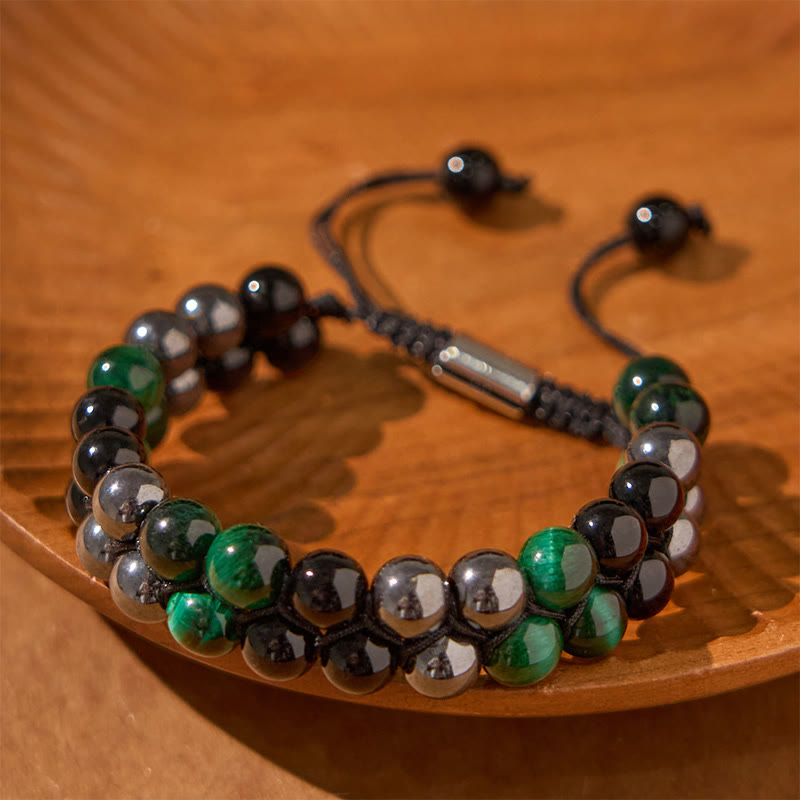 Natural Green Tiger Eye Black Magnetite Black Obsidian Double Row Beads Positive Bracelet