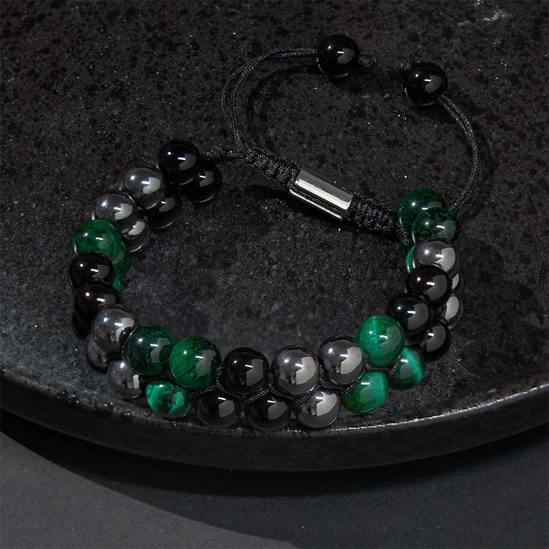 Natural Green Tiger Eye Black Magnetite Black Obsidian Double Row Beads Positive Bracelet