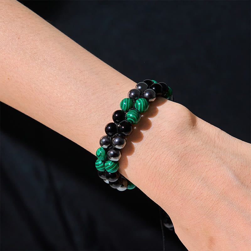 Natural Malachite Black Magnetite Black Obsidian Double Row Beads Anti-Anxiety Bracelet