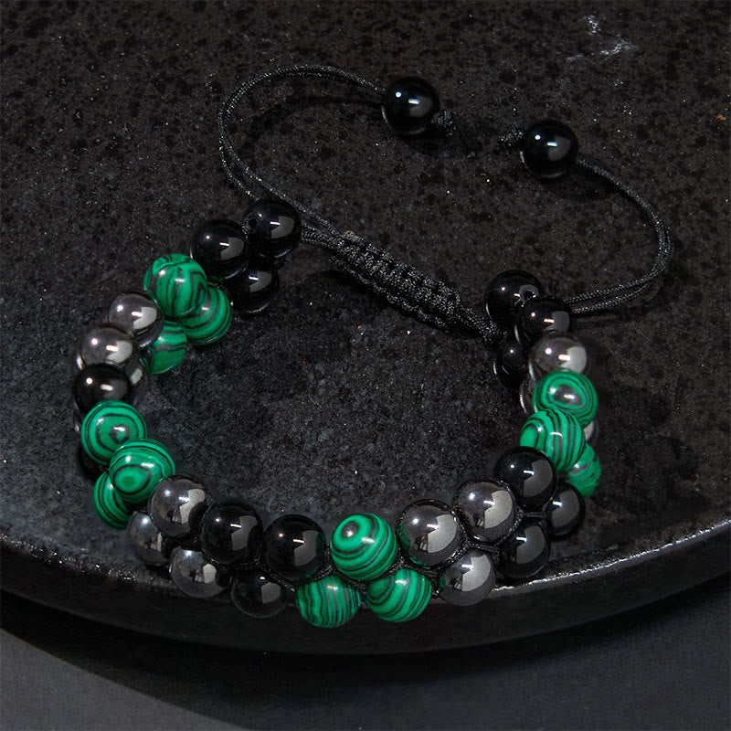 Natural Malachite Black Magnetite Black Obsidian Double Row Beads Anti-Anxiety Bracelet