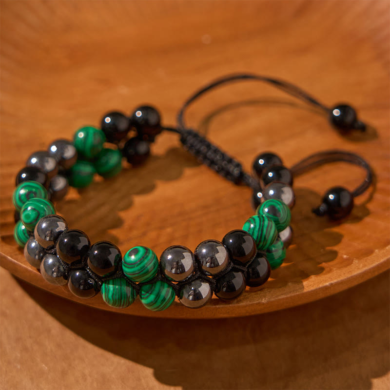 Natural Malachite Black Magnetite Black Obsidian Double Row Beads Anti-Anxiety Bracelet