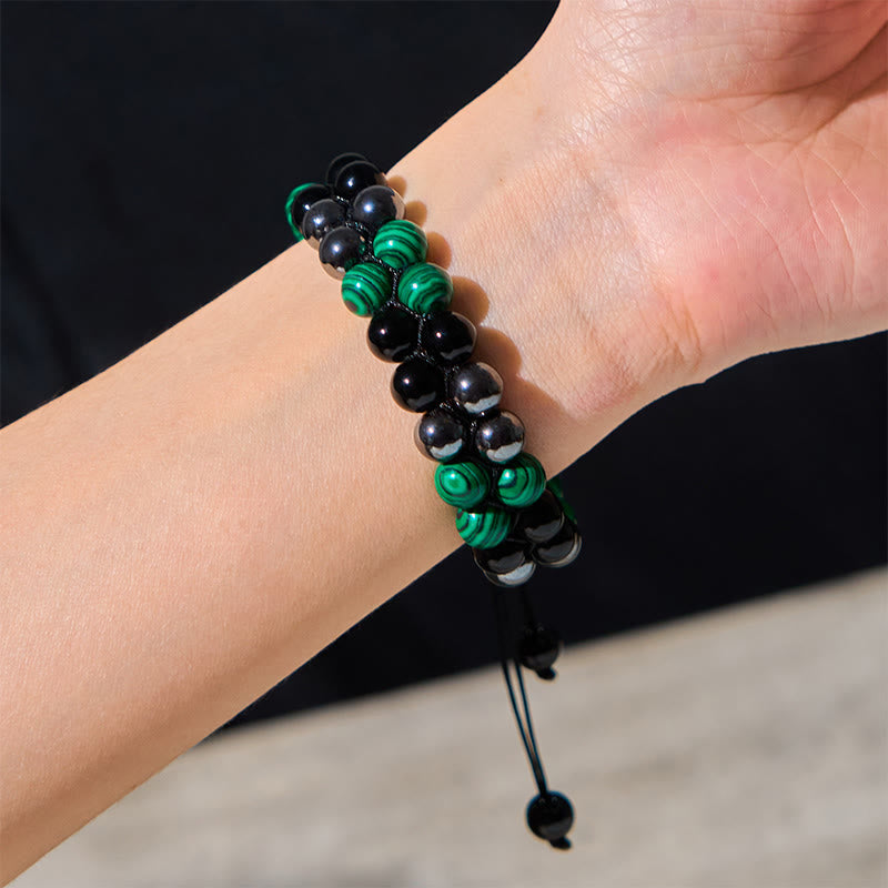 Natural Malachite Black Magnetite Black Obsidian Double Row Beads Anti-Anxiety Bracelet