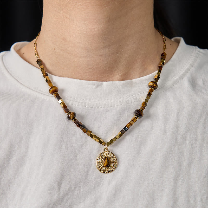 Natural Tiger Eye Square Protection Titanium Steel Necklace Pendant