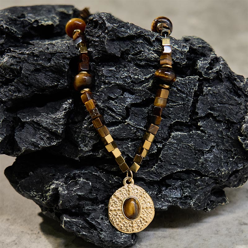 Natural Tiger Eye Square Protection Titanium Steel Necklace Pendant