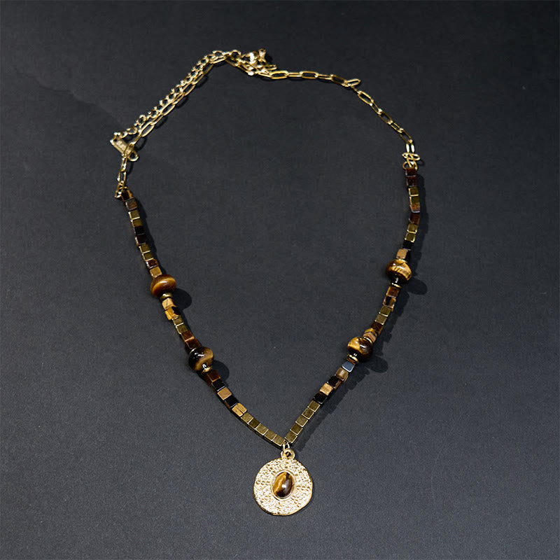 Natural Tiger Eye Square Protection Titanium Steel Necklace Pendant