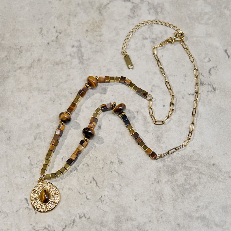 Natural Tiger Eye Square Protection Titanium Steel Necklace Pendant